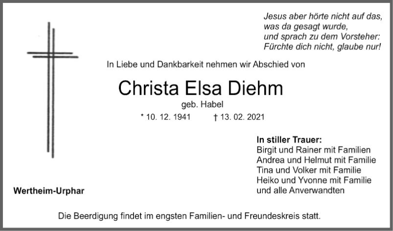  Traueranzeige für Christa Elsa Diehm vom 17.02.2021 aus Fränkische Nachrichten