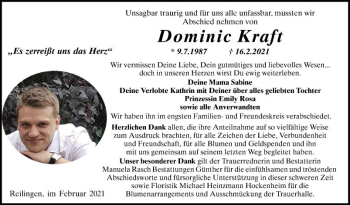 Traueranzeige von Dominic Kraft von Schwetzinger Zeitung