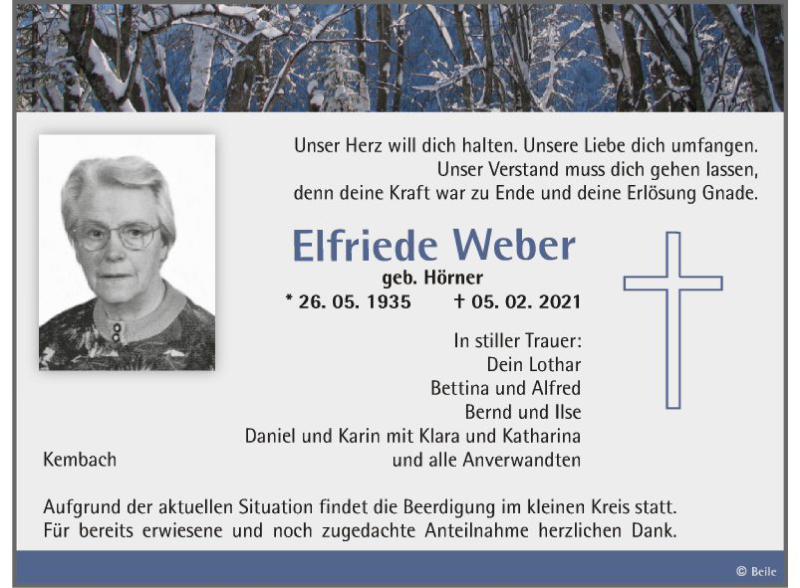 Traueranzeige für Elfriede Weber vom 09.02.2021 aus Fränkische Nachrichten