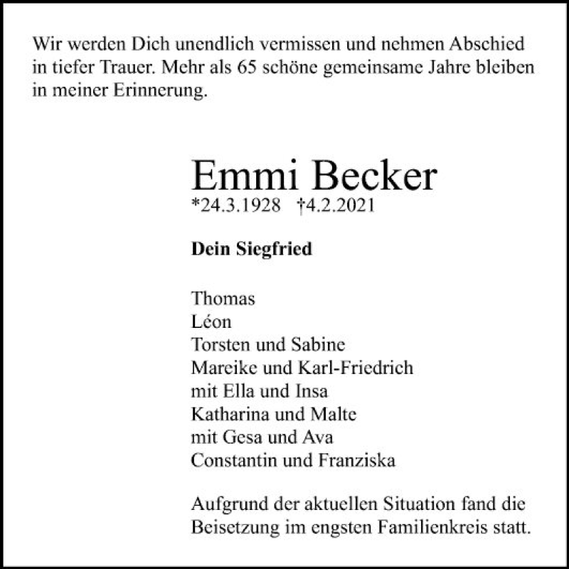 Traueranzeige für Emmi Becker vom 27.02.2021 aus Mannheimer Morgen