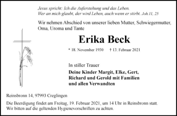 Traueranzeige von Erika Beck von Fränkische Nachrichten