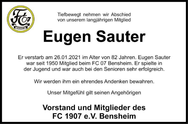  Traueranzeige für Eugen Sauter vom 06.02.2021 aus Bergsträßer Anzeiger