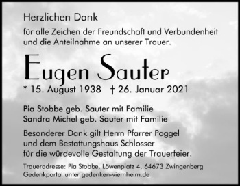 Traueranzeige von Eugen Sauter von Bergsträßer Anzeiger