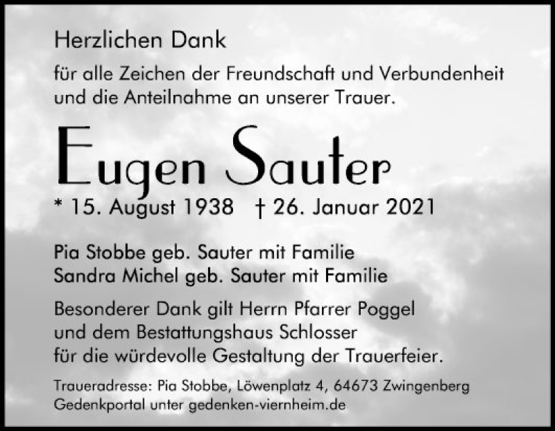  Traueranzeige für Eugen Sauter vom 06.02.2021 aus Bergsträßer Anzeiger