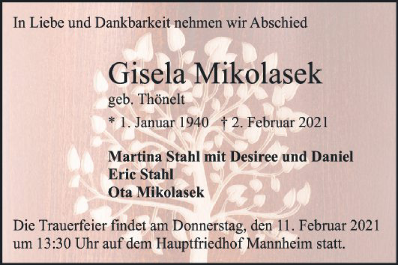  Traueranzeige für Gisela Mikolasek vom 06.02.2021 aus Mannheimer Morgen