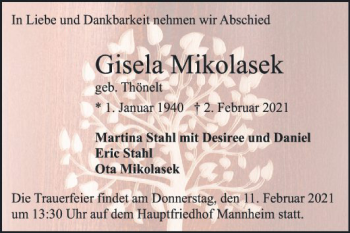 Traueranzeige von Gisela Mikolasek von Mannheimer Morgen