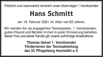 Traueranzeige von Hans Schmitt von Mannheimer Morgen