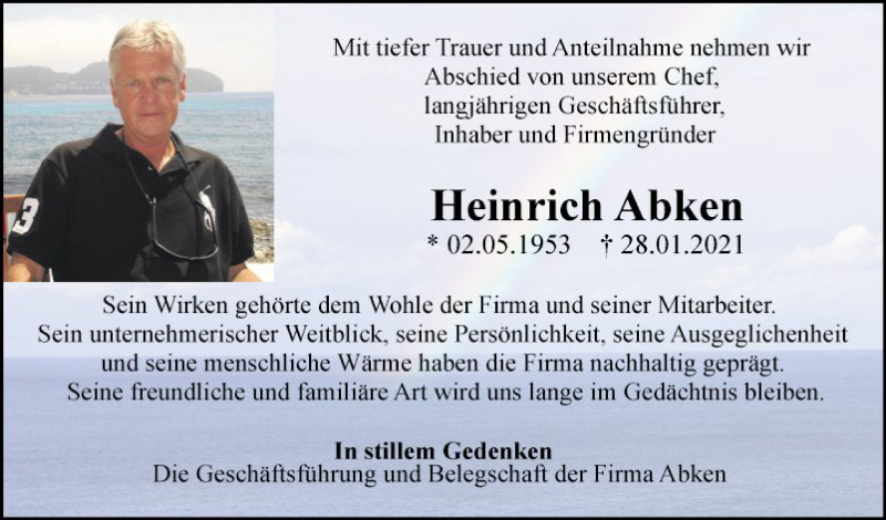  Traueranzeige für Heinrich Abken vom 06.02.2021 aus Mannheimer Morgen