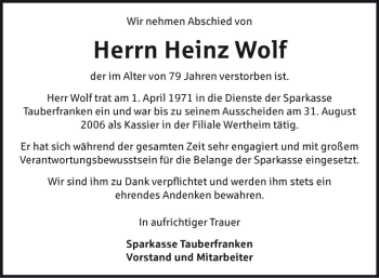 Traueranzeige von Heinz Wolf von Fränkische Nachrichten