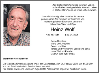 Traueranzeige von Heinz Wolf von Fränkische Nachrichten