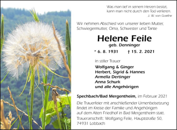 Traueranzeige von Helene Feile von Fränkische Nachrichten