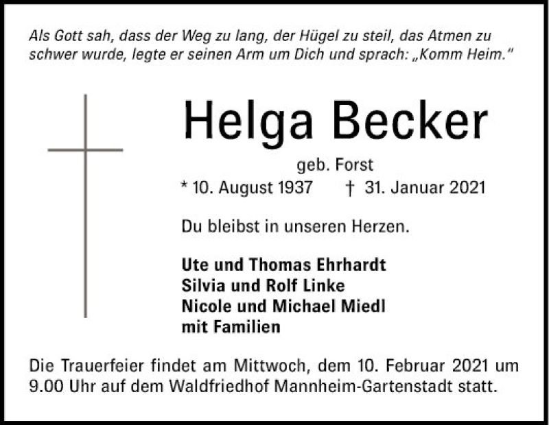  Traueranzeige für Helga Becker vom 06.02.2021 aus Mannheimer Morgen