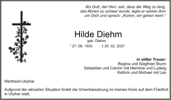 Traueranzeige von Hilde Diehm von Fränkische Nachrichten