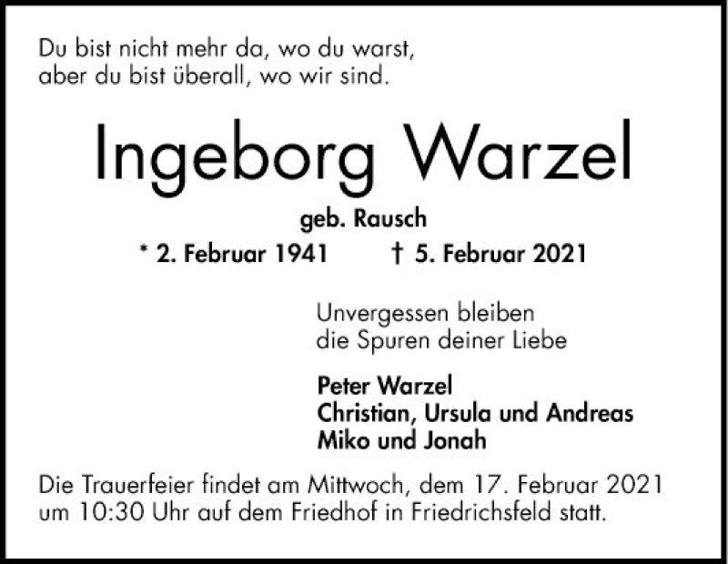  Traueranzeige für Ingeborg Warzel vom 12.02.2021 aus Mannheimer Morgen