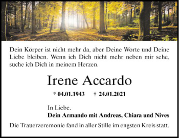 Traueranzeige von Irene Accardo von Mannheimer Morgen