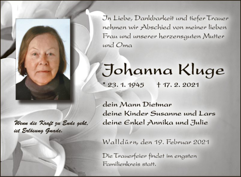  Traueranzeige für Johanne Kluge vom 27.02.2021 aus Fränkische Nachrichten