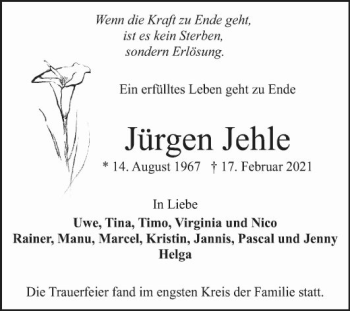 Traueranzeige von Jürgen Jehle von Mannheimer Morgen