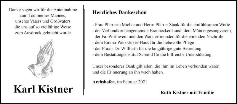 Traueranzeige für Karl Kistner vom 27.02.2021 aus Fränkische Nachrichten