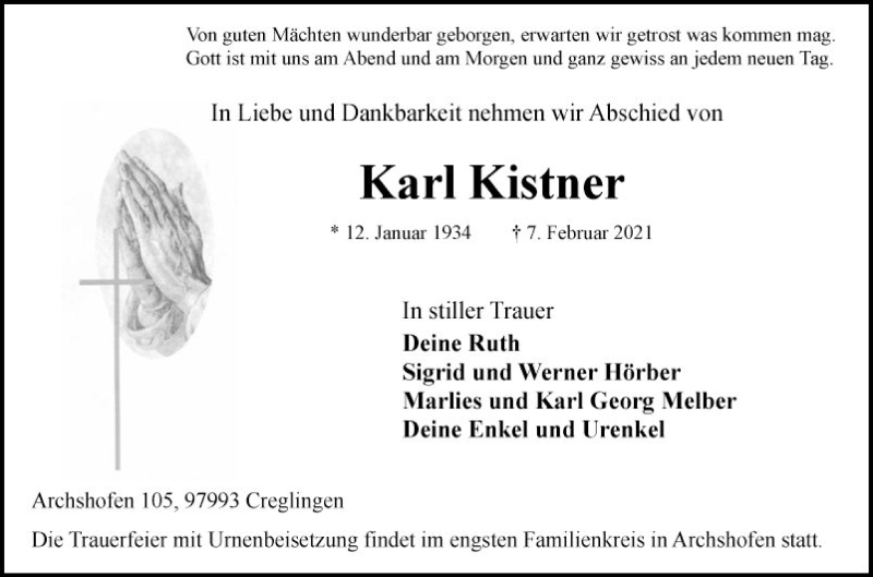  Traueranzeige für Karl Kistner vom 11.02.2021 aus Fränkische Nachrichten