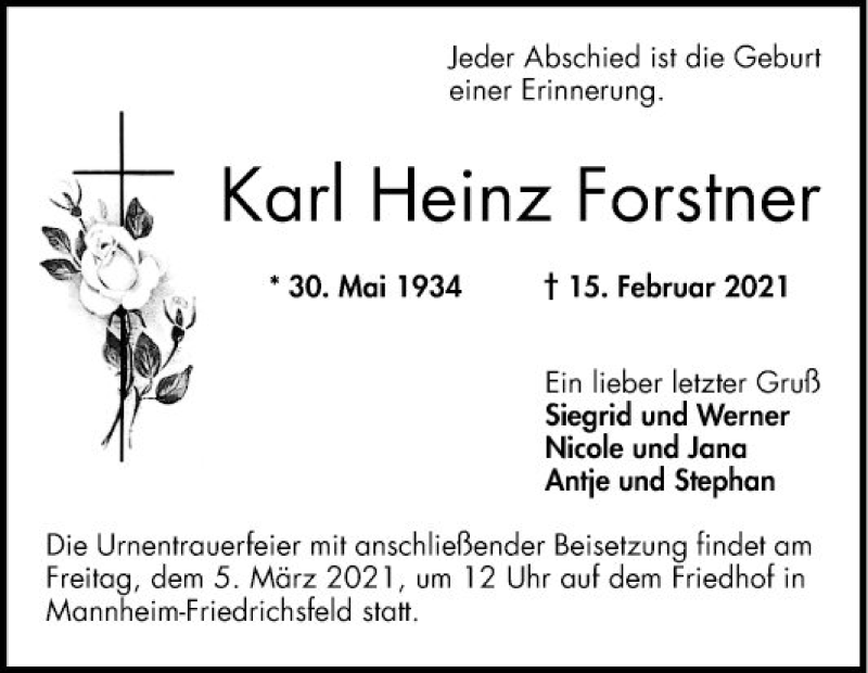  Traueranzeige für Karl Heinz Forstner vom 27.02.2021 aus Mannheimer Morgen