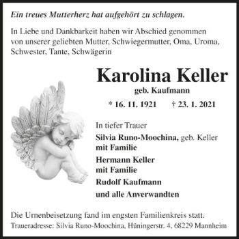 Traueranzeige von Karolina Keller von Fränkische Nachrichten