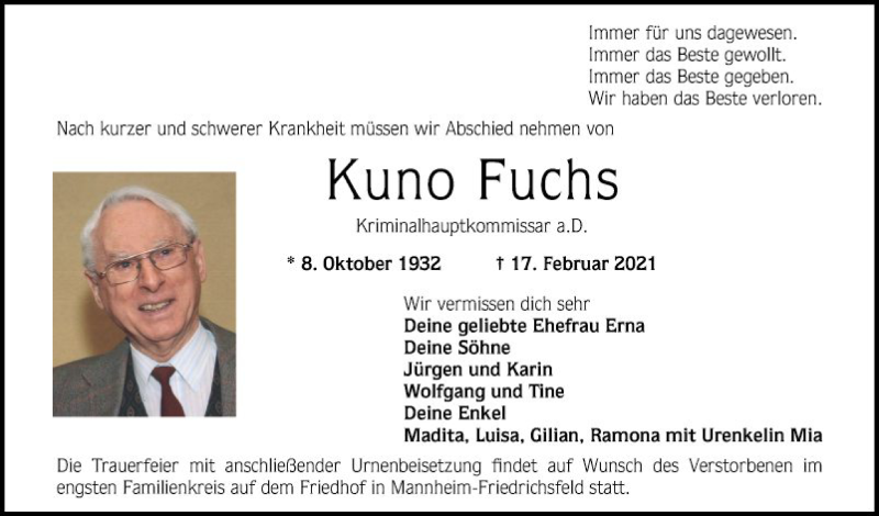  Traueranzeige für Kuno Fuchs vom 27.02.2021 aus Mannheimer Morgen