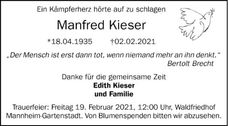  Traueranzeige für Manfred Kieser vom 06.02.2021 aus Mannheimer Morgen