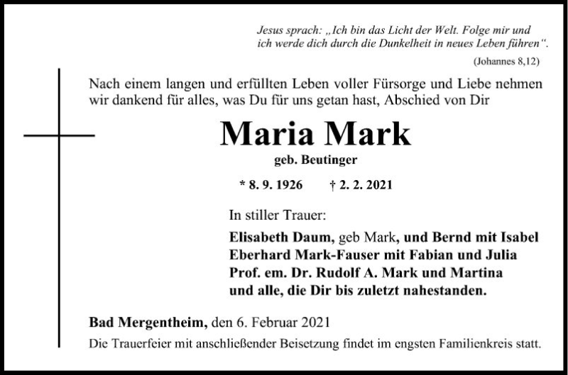  Traueranzeige für Maria Mark vom 06.02.2021 aus Fränkische Nachrichten