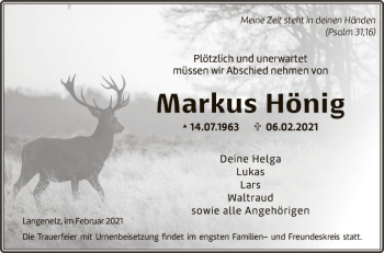 Traueranzeige von Markus Hönig von Fränkische Nachrichten
