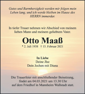 Traueranzeige von Otto Maaß von Mannheimer Morgen