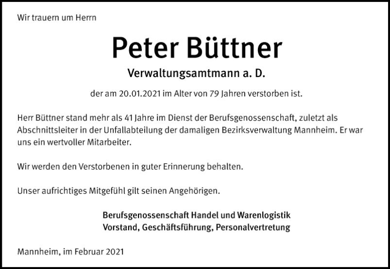  Traueranzeige für Peter Büttner vom 06.02.2021 aus Mannheimer Morgen