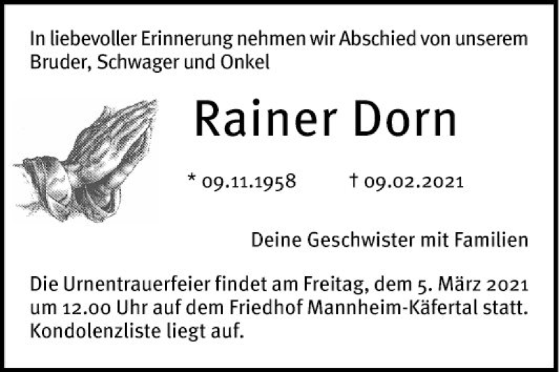  Traueranzeige für Rainer Dorn vom 27.02.2021 aus Mannheimer Morgen