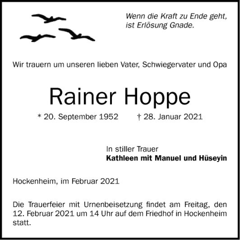  Traueranzeige für Rainer Hoppe vom 05.02.2021 aus Schwetzinger Zeitung