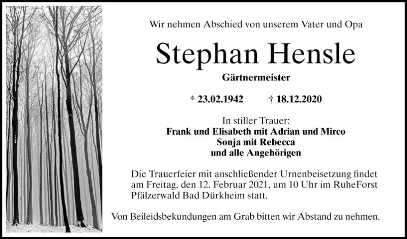  Traueranzeige für Stephan Hensle vom 06.02.2021 aus Mannheimer Morgen