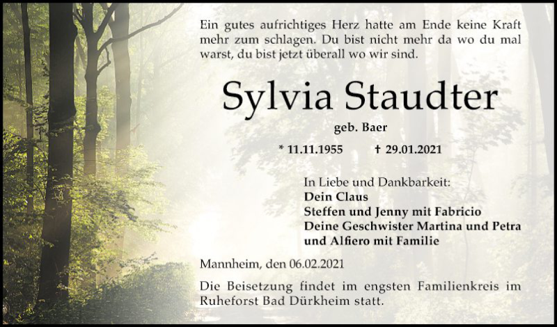  Traueranzeige für Sylvia Staudter vom 06.02.2021 aus Mannheimer Morgen
