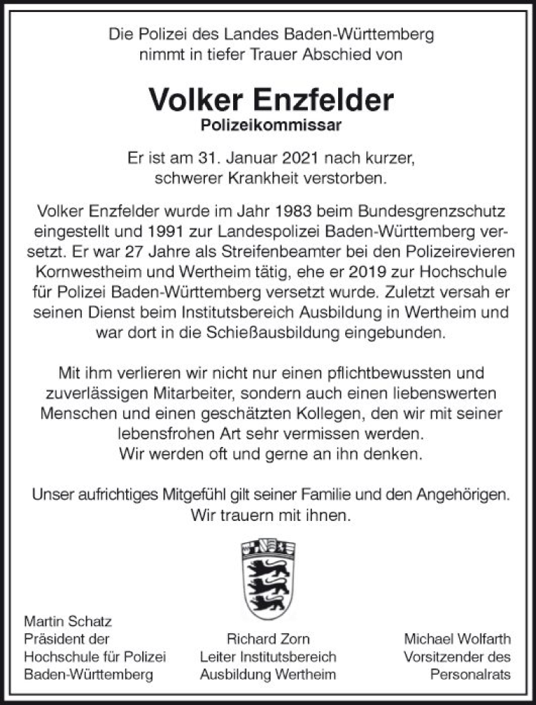  Traueranzeige für Volker Enzfelder vom 06.02.2021 aus Fränkische Nachrichten
