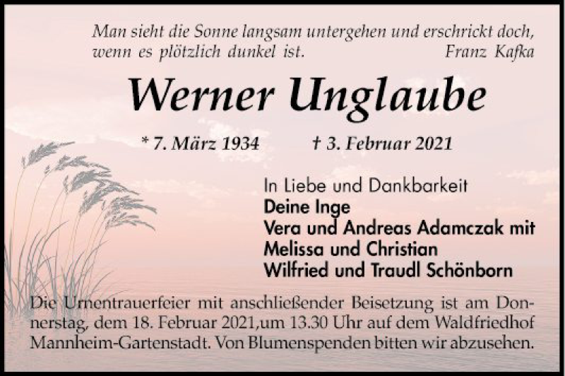  Traueranzeige für Werner Unglaube vom 06.02.2021 aus Mannheimer Morgen