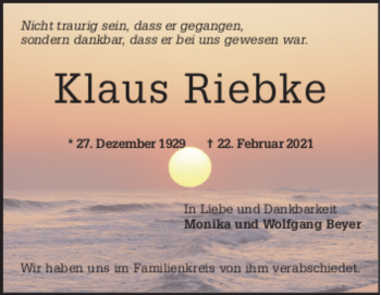 Traueranzeige von Klaus Riebke von Mannheimer Morgen