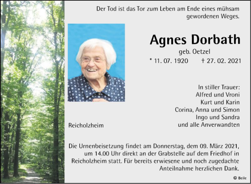  Traueranzeige für Agnes Dorbath vom 06.03.2021 aus Fränkische Nachrichten
