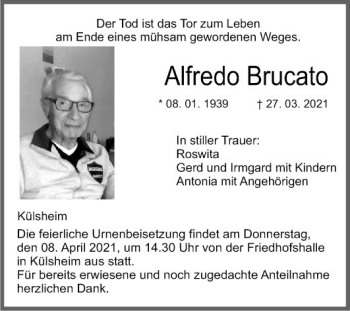 Traueranzeige von Alfredo Brucato von Fränkische Nachrichten