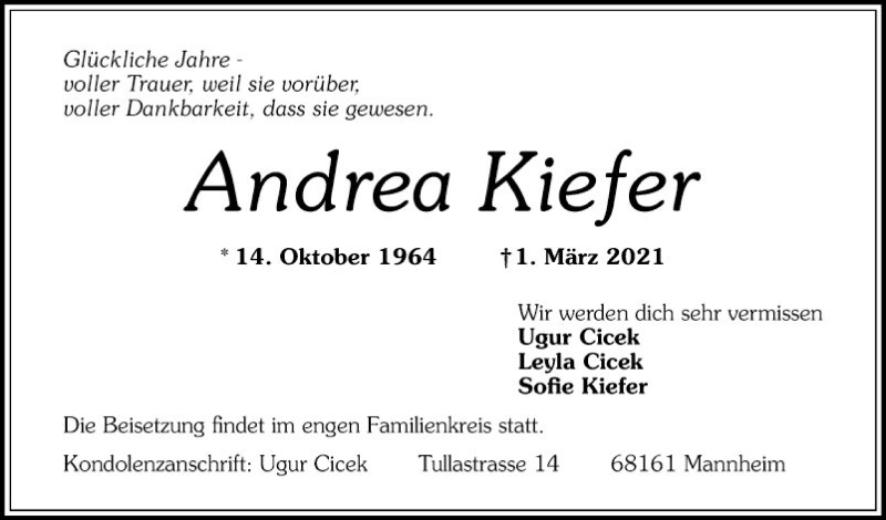  Traueranzeige für Andrea Kiefer vom 06.03.2021 aus Mannheimer Morgen