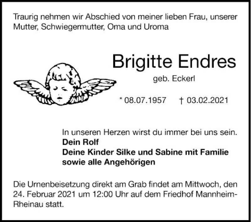  Traueranzeige für Brigitte Endres vom 20.02.2021 aus Mannheimer Morgen