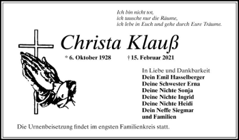 Traueranzeige von Christa Klauß von Mannheimer Morgen