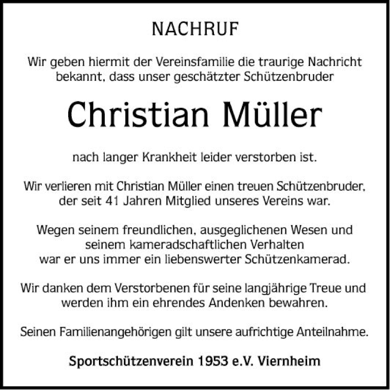  Traueranzeige für Christian Müller vom 06.03.2021 aus Südhessen Morgen