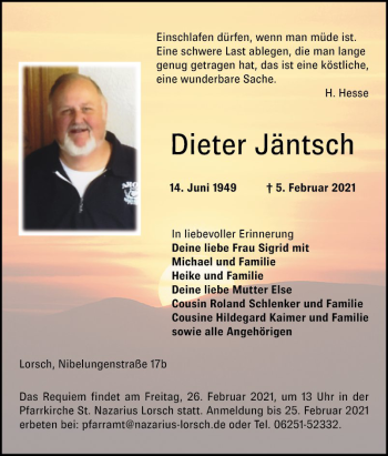 Traueranzeige von Dieter Jäntsch von Bergsträßer Anzeiger