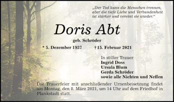 Traueranzeige von Doris Abt von Schwetzinger Zeitung