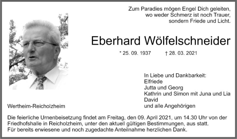  Traueranzeige für Eberhard Wölfelschneider vom 01.04.2021 aus Fränkische Nachrichten