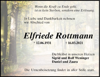 Traueranzeige von Elfriede Rottmann von Mannheimer Morgen