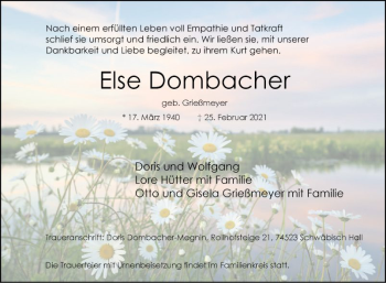 Traueranzeige von Else Dombacher von Fränkische Nachrichten