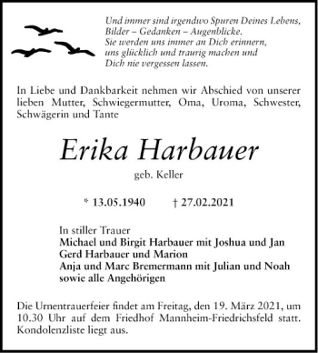 Traueranzeige von Erika Harbauer von Mannheimer Morgen